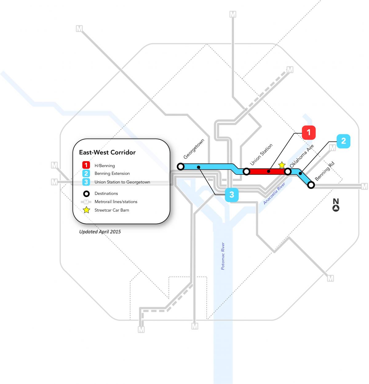 Mapa de las estaciones de tranvía de Washington DC